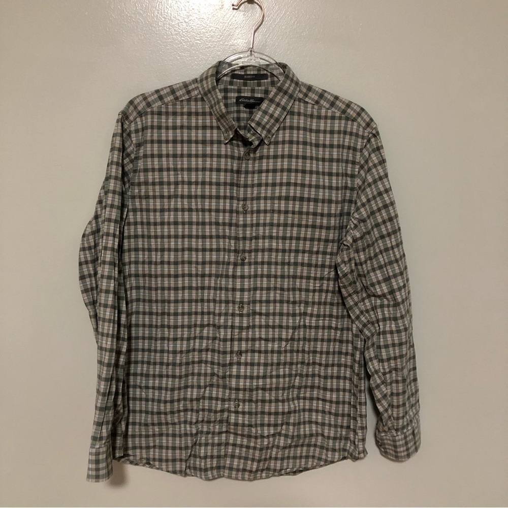 Eddie Bauer Button Down Shirt Plaid Green Tan Medium Relaxed Fit